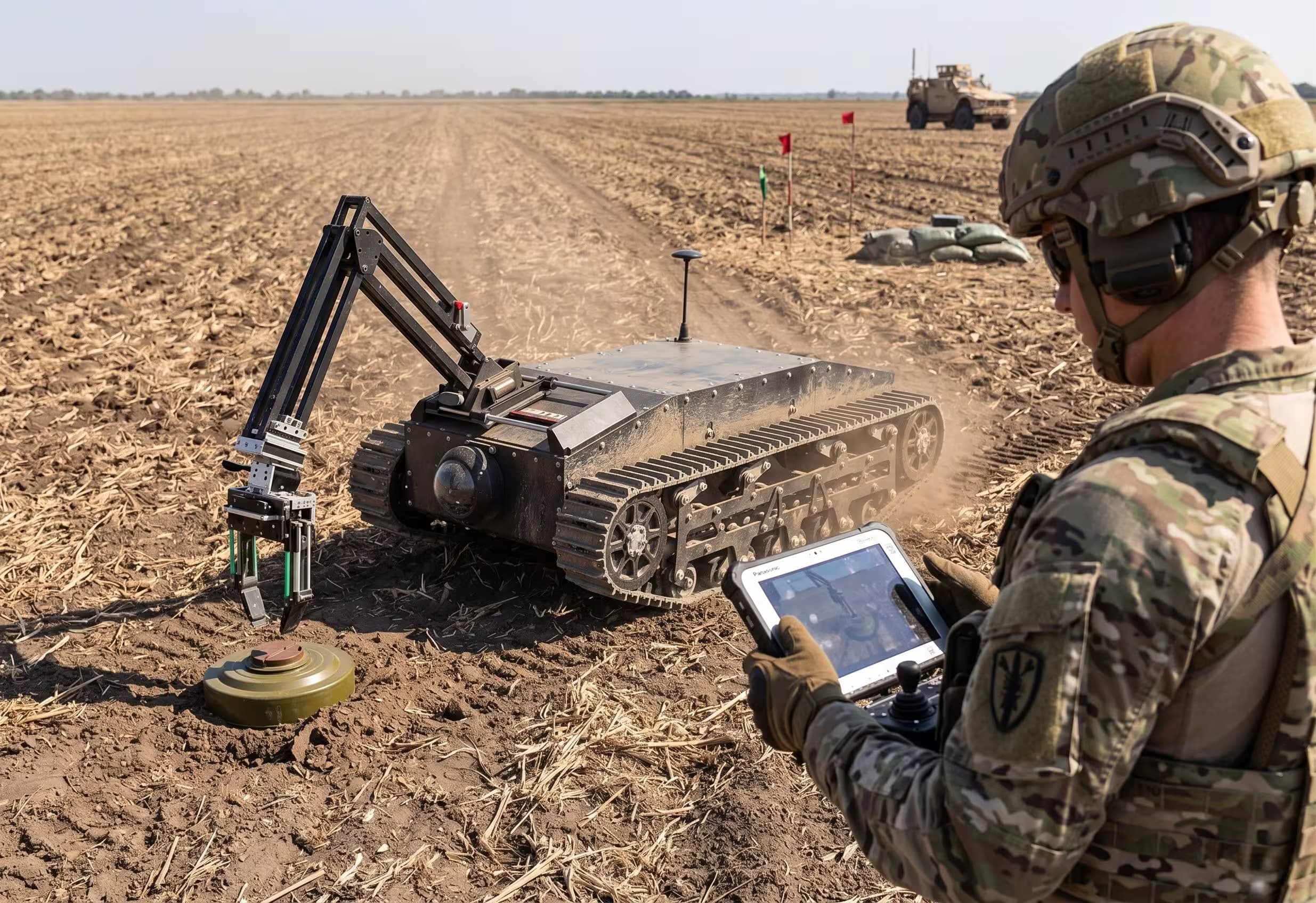 Räumroboter mit Bediener im Feld