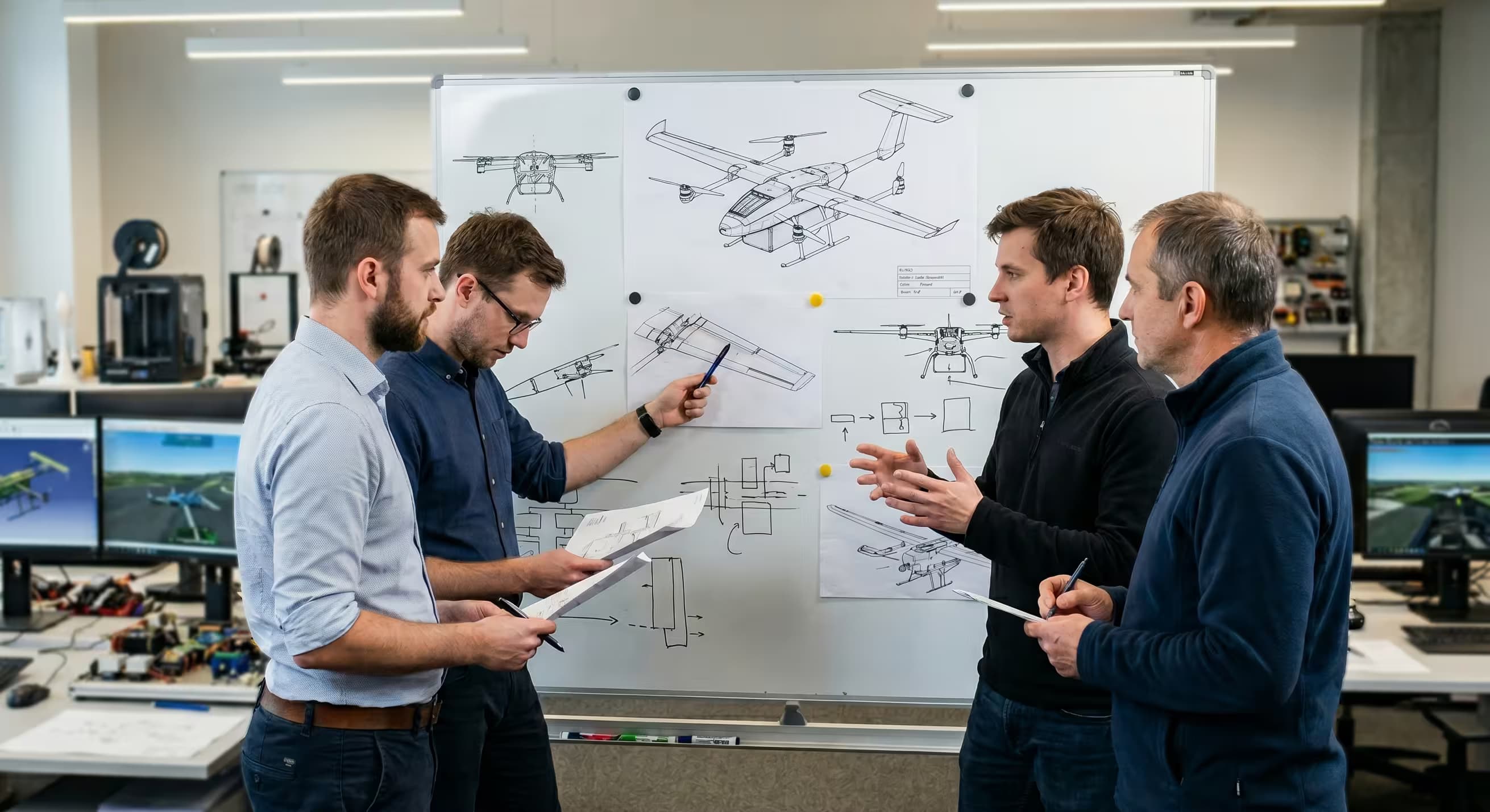 Engineers reviewing CAD at whiteboard